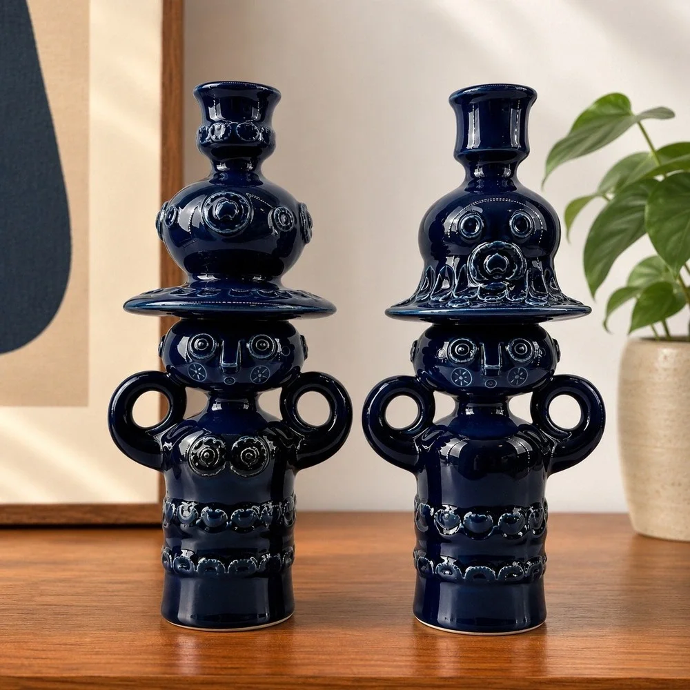 Rosenthal Studio Linie Bjorn Wiinblad Magic People Candlesticks Pair Blue